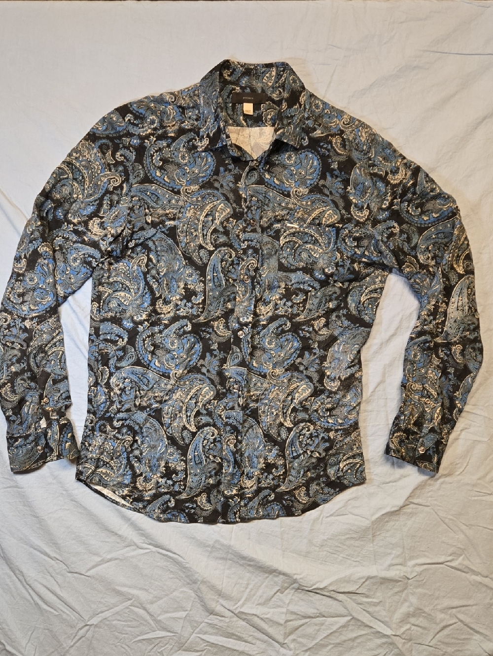 Diesel Paisley Style Long Sleeve Button Down Casual Dress Shirt Black And Blue